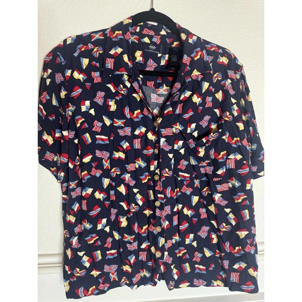 90s Crazy Horse Shirt Liz Claiborne L Blue Flag Button Down Blouse Vintage